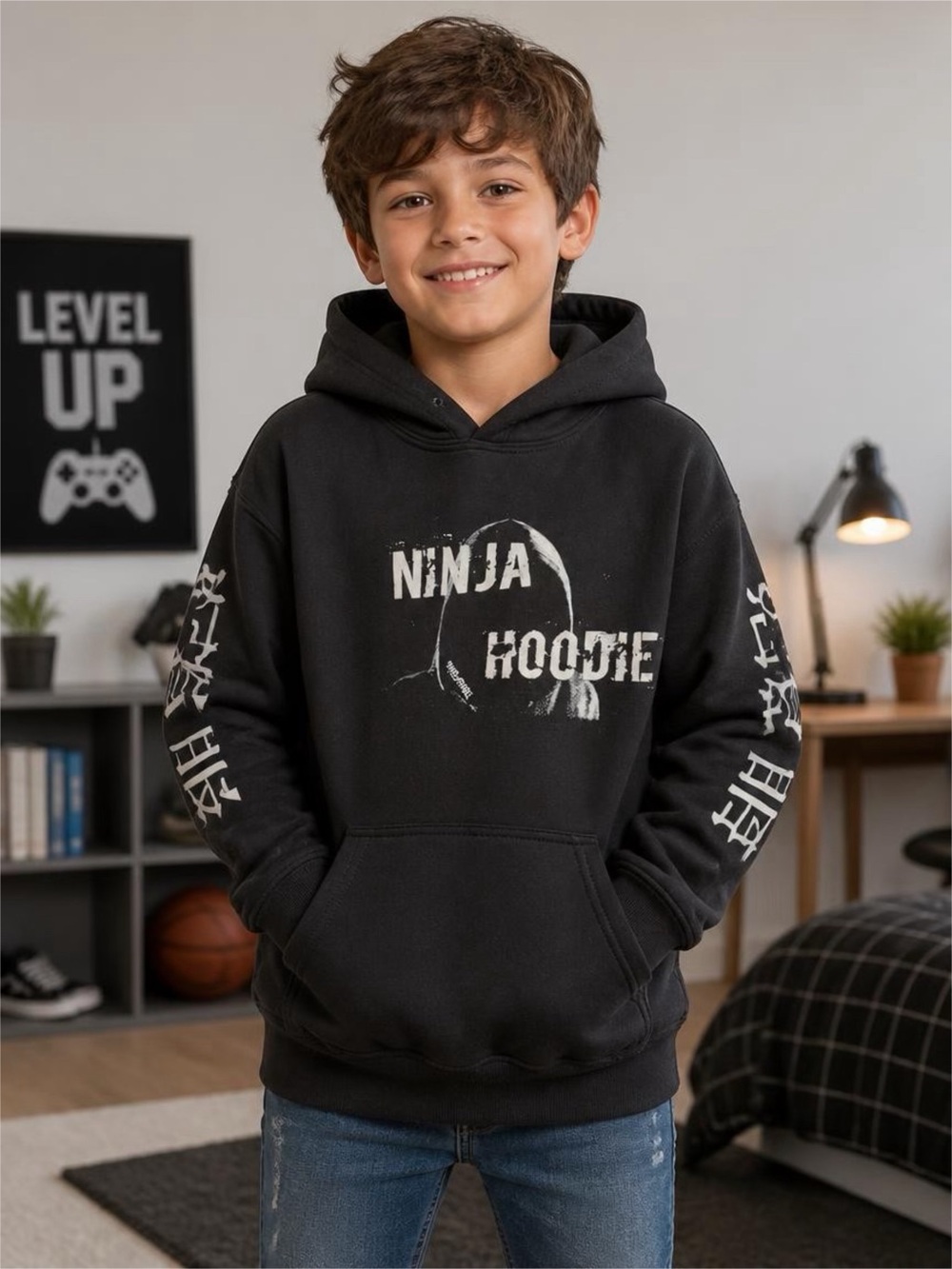 Gildan Black Kids Ninja Hoodie with White Sleeve Graphics